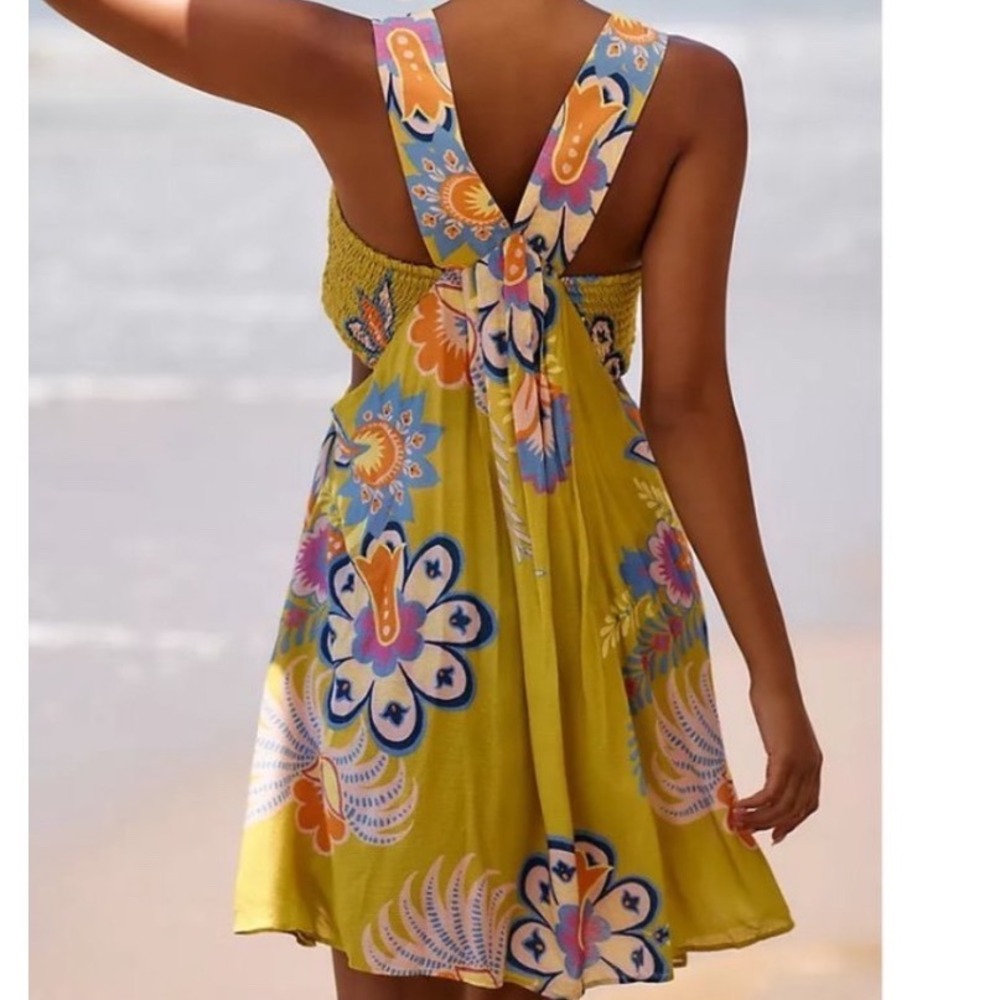 Anthropologie Piper Bandeau Mini Dress Women XL Mustard Floral Cutout - Picture 3 of 8
